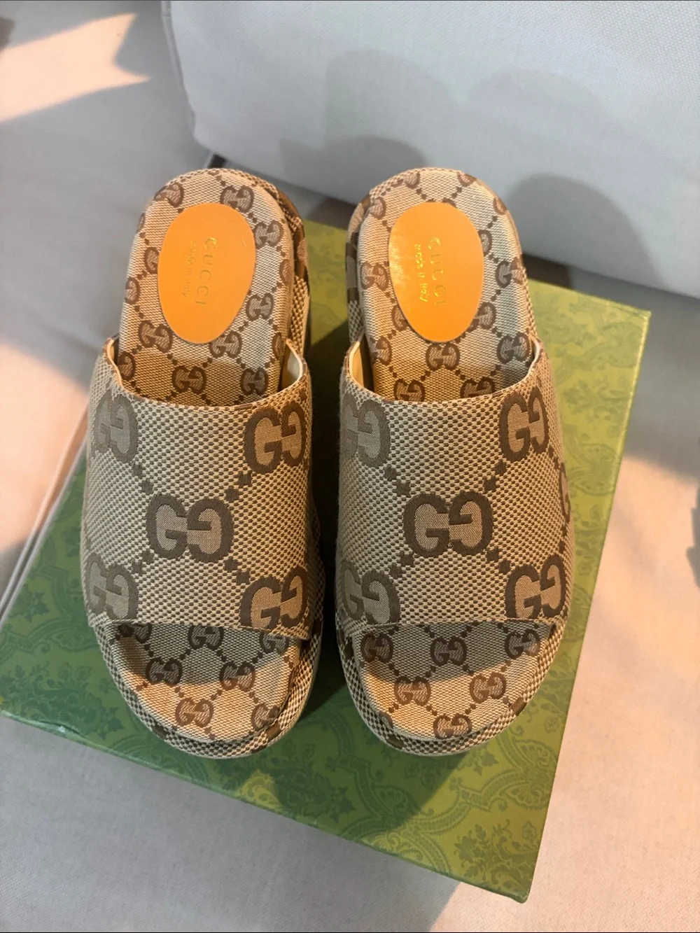 Excellent Knock Off Gucci Beige Brown GG Canvas Platform Sandals